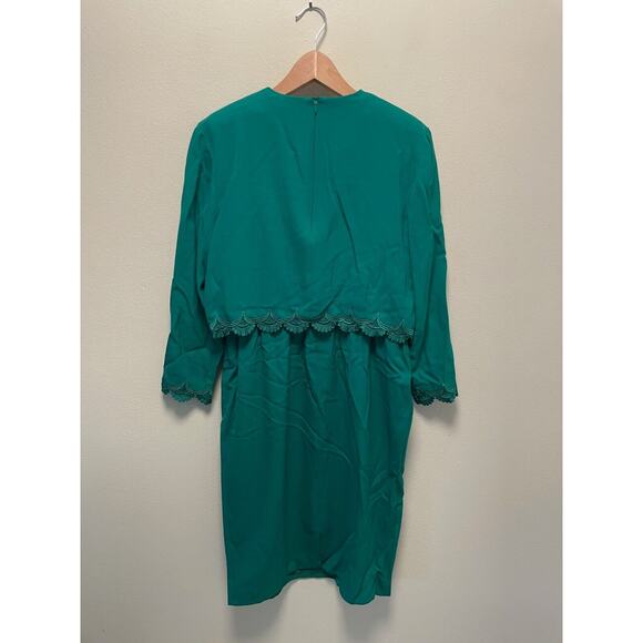 Vintage Caron Chicago Women Dress 10 Petite Green Embroidered Hem Formal 80s 90s - Picture 3 of 7